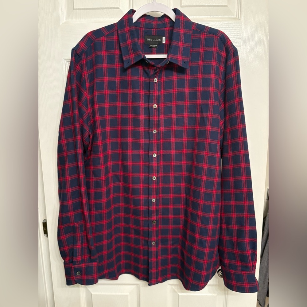 Men’s Red and Navy Plaid Button-Up Shirt XXL